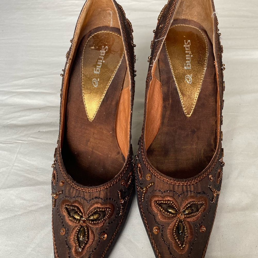 Spring Women's Brown Beaded Heels